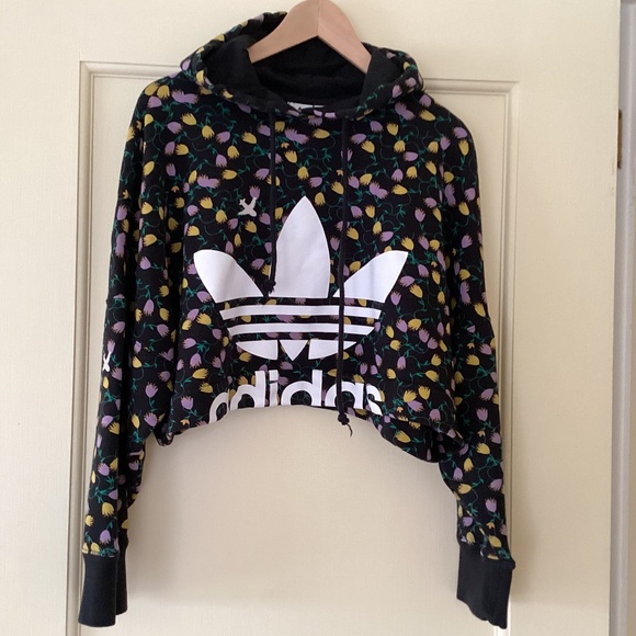 Adidas Originals Colorful Floral Patterned Cropped Hoodie Hooded Sweatshirt Top - Picture 3 of 12